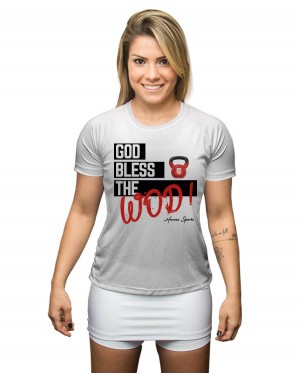 CAMISA DRY FIT FEMININO GOD BLESS THE WOD WHITE - OFERTAÇO